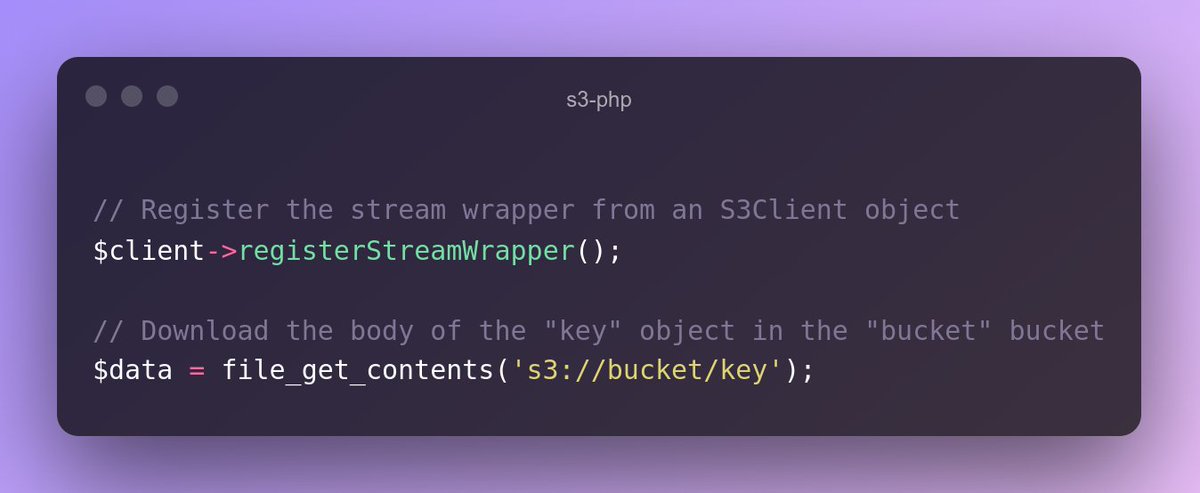 🔥 #AWS SDK for #PHP comes with stream wrapper  to store and retrieve data from Amazon S3 using built-in PHP functions like file_get_contents and fopen.

A simple abstraction layer that allows you to use local files on dev env but S3 on live!

#laravel #webdev #programming