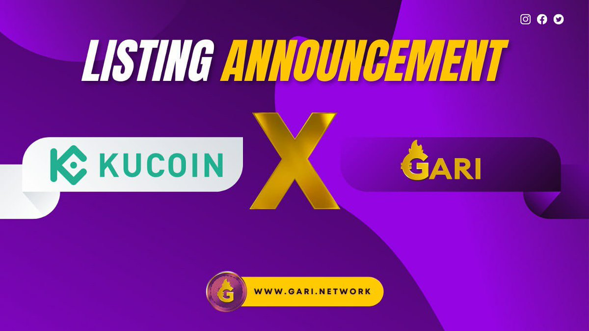 📢📢 Listing Alert 

$GARI listing on <a href="/kucoincom/">KuCoin</a> 💪

♦️GARI spot trading starts at 13:00 UTC, Jan 18.
♦️Pair : GARI/USDT

Kucoin's 19th GARI Spotlight Project starts at 16:00 UTC on 16th Jan. 

✨More Details: m.kucoin.com/news/en-introd… 

#CEXlisting #Gari #Kucoin_Lists_GARI #KuCoin