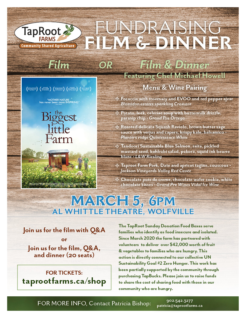 Our <a href="/TaprootFarms/">TapRoot Farms</a> fundraising Dinner is now MARCH 5.  Film-<a href="/BiggestLilFarm/">The Biggest Little Farm</a>-6pm @Alwhittle
then Dinner by me &amp; <a href="/Chef_Rouge/">Dave Mottershall</a> at @Devourfest HQ. Wines graciously supplied by <a href="/BlomidonEstate/">Blomidon</a>, @GrandPrewines, <a href="/PlantersRidge/">Planters Ridge</a> @LWWines and Jackson Vineyards. TX at taprootfarms.ca/shop/