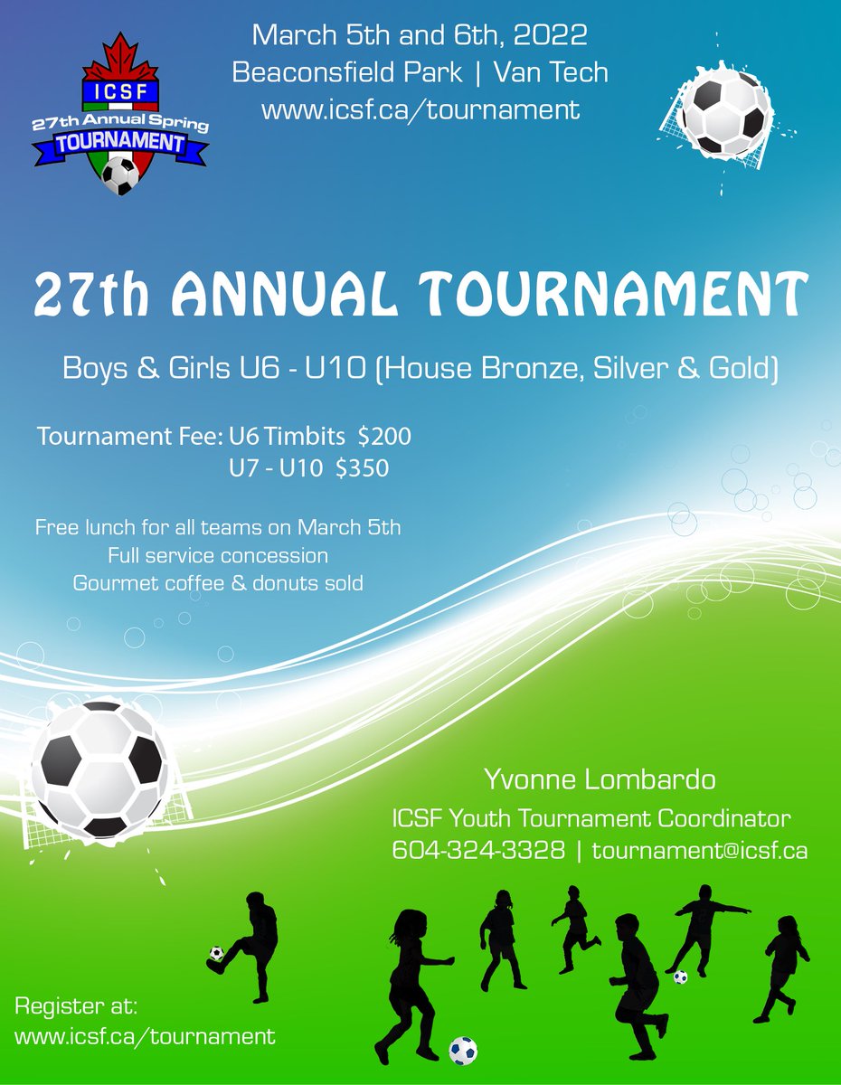 It’s that time of year again! ICSF is proud to announce we are hosting our 27th annual tournament! Please check out our website to register. #icsf #soccer ⚽️
icsf.ca/tournament
