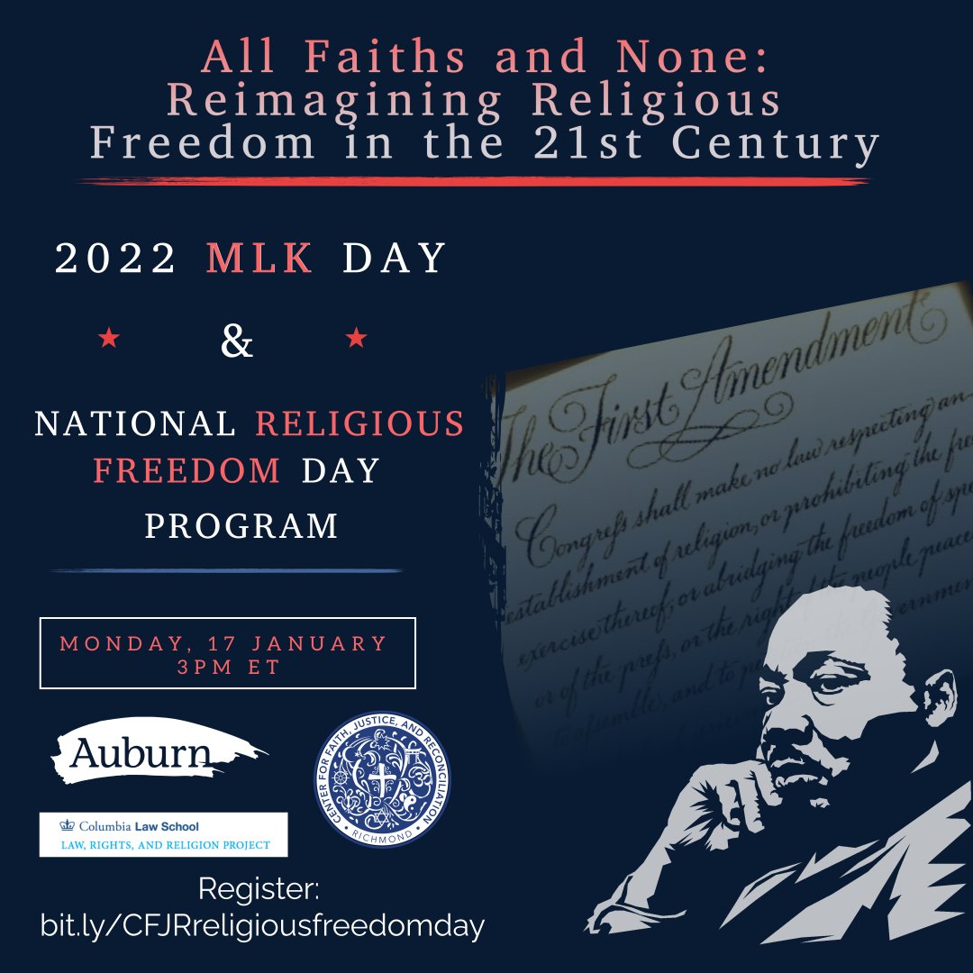 There's much to be said about the promise of #religiousfreedom &amp; dream of #MLK. Let's talk about it!
On Jan 17 at 3pm ET, join me with @AuburnSeminary's <a href="/keimcken/">keisha e. mckenzie</a>, <a href="/LawRtsReligion/">LRRP is @LawRightsReligion.bsky.social</a>'s @lizrplatt &amp; <a href="/URINorthAmerica/">URI in North America</a>'s @InterfaithMan for "All Faiths and None."
bit.ly/CFJRreligiousf…