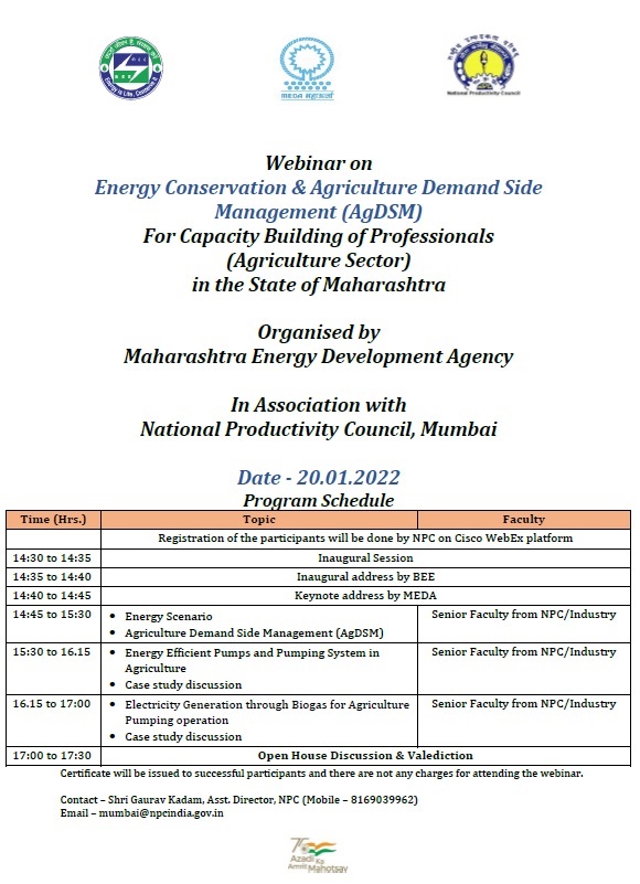 MumbaiNpc's tweet photo. @NPC_INDIA_GOV &amp; @mahaurja are organising webinar on "Energy Conservation &amp; Agriculture Demand Side Management". Date: 20.01.2022 from 2:30 to 5:30PM 
Regis. link- https://t.co/NTv2N0WJ1I
#energy @beeindiadigital #AgDSM @MSEDCL 
@MahaDGIPR @InfoDhule @InfoNashik 
@Info_Pune https://t.co/DjCTWgun1W