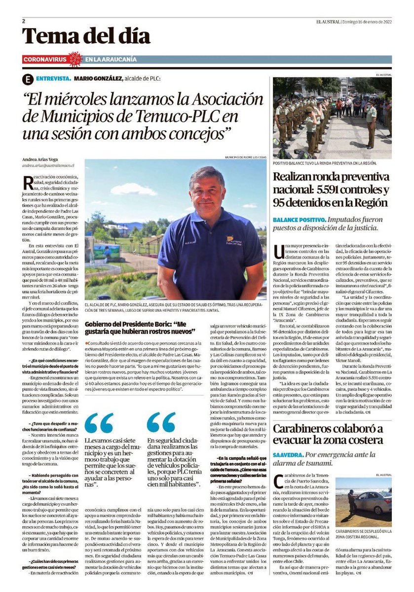 Gracias diario Austral por esta entrevista. Han pasado casi 7 meses desde que asumí el desafío de convertirme en alcalde de la comuna de #padrelascasas y ha sido un verdadero honor trabajar por los vecinos y otorgar una voz a aquellos que más lo necesitan.