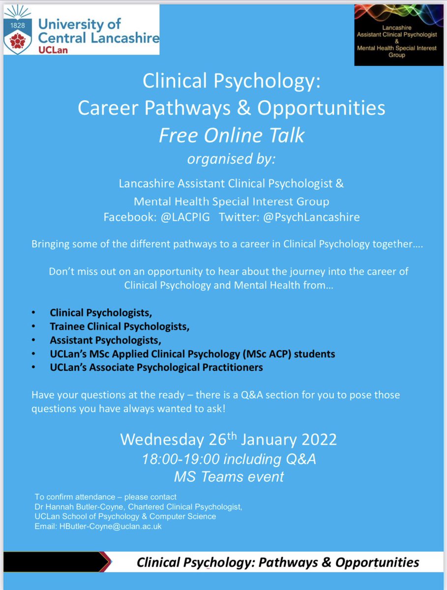 🌟Thinking about a Career in Psychological Therapies....incl. Clinical Psychology?!🌟Fantastic online event hosted by <a href="/PsychLancashire/">Lancashire Assist Psych & Mental Health Group</a>, <a href="/UCLanClinPsych/">UCLan Clin Psych</a> &amp; <a href="/UCLanPsychology/">UCLan Psychology</a>, <a href="/KathrynJGardner/">Kathryn Gardner</a> ...interested...just 📧 <a href="/DrHButlerCoyne/">Dr. H Butler-Coyne</a> (👀 ⬇️)... #nextgeneration #futurecolleagues