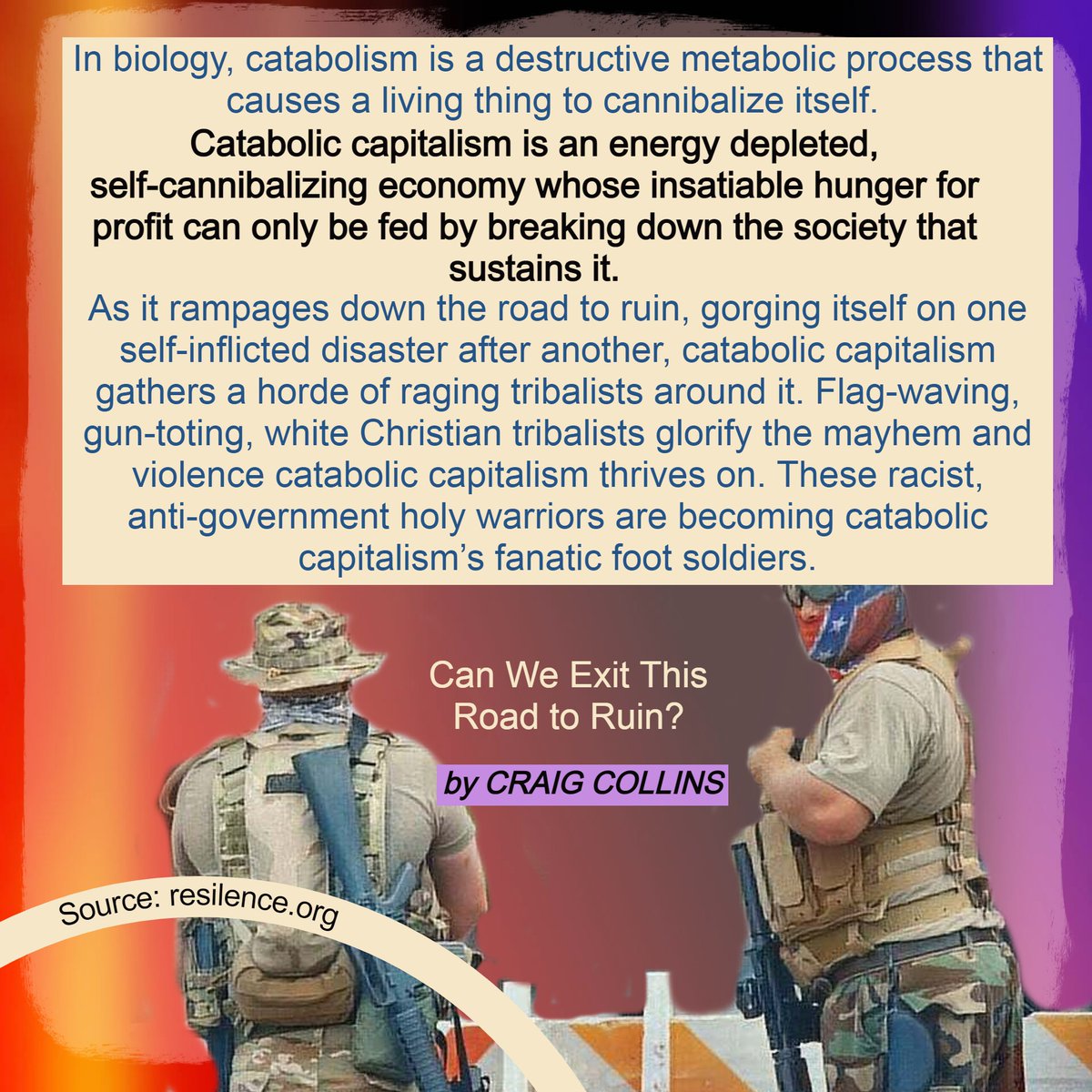 CodeRedEarth's tweet photo. Shock Politics is what @naomiAKlein coined it.  This art. 
Catabolic capitalism is what Mr. Collins calls it.
I call it making money off of death.  Which is exactly what is going on - on a large scale.  
 #NeoliberalNihilism #ClimateEmergency #ShockPolitics #Capitalism https://t.co/YTenCuVroX