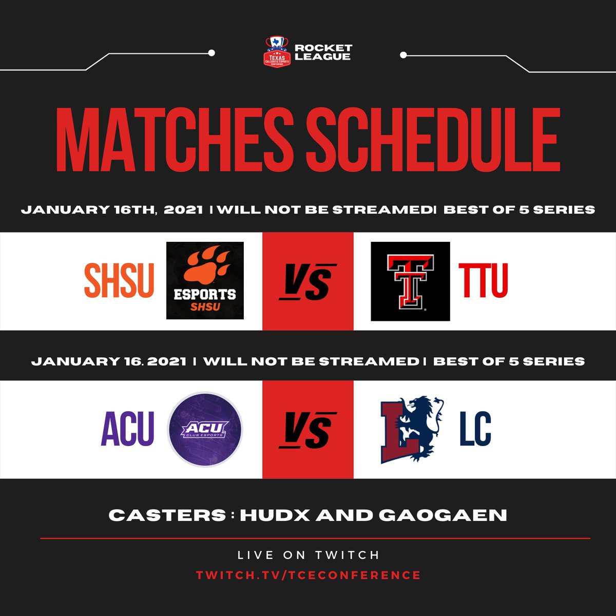 Moving on to our Quarter Finals match schedule! TAMU vs UTA will be our first and one of our most exciting games streamed today! Catch it live at twitch.tv/tceconference

#esports #rocketleague #livestream #twitch