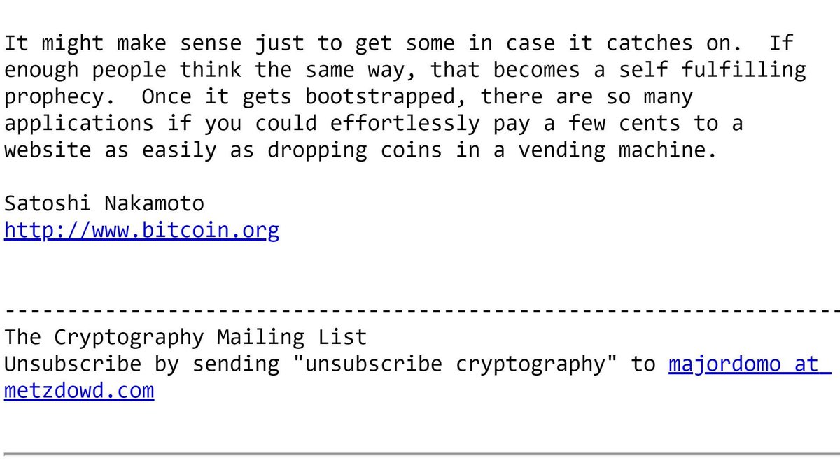 BitcoinMagazine's tweet photo. Satoshi Nakamoto 13 years ago.

True then, true today 🚀 https://t.co/WkKxArtjJQ
