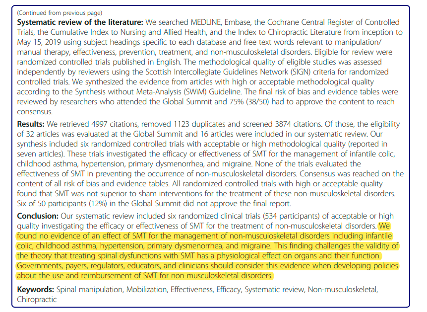 PhysioMeScience's tweet photo. The global summit on the efficacy and effectiveness of spinal manipulative therapy for the prevention and treatment of non-musculoskeletal disorders: a systematic review of the literature

👀👀👇👇

https://t.co/YKtWSRLLqd https://t.co/Xlbh4m1GQC