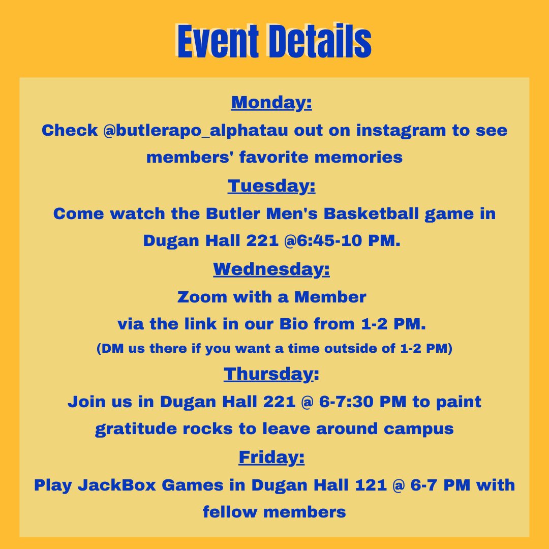 ButlerAPO's tweet photo. We hope to see you at all the fun events we have planned this week!! https://t.co/cFH3n9VBeQ
