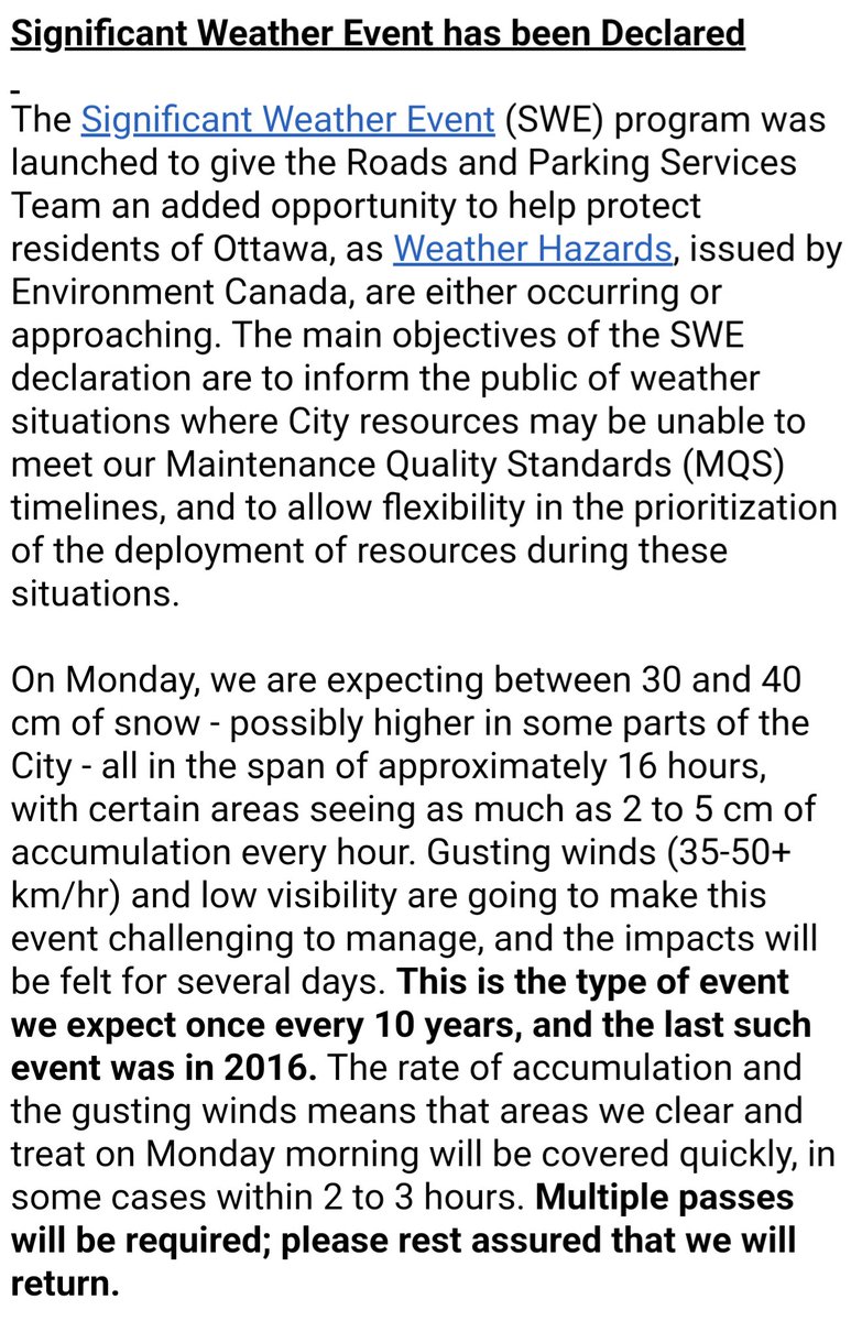 TimTierney's tweet photo. SIGNIFICANT WEATHER EVENT⚠️: Our teams are ready, but we haven't seen a storm like this since 2016,>30cm. Priority networks will be plowed first, then residential. This could take 2 days to get to all areas and could require multiple passes. If possible, avoid travel. Release👇 https://t.co/OFlPtVG9mo