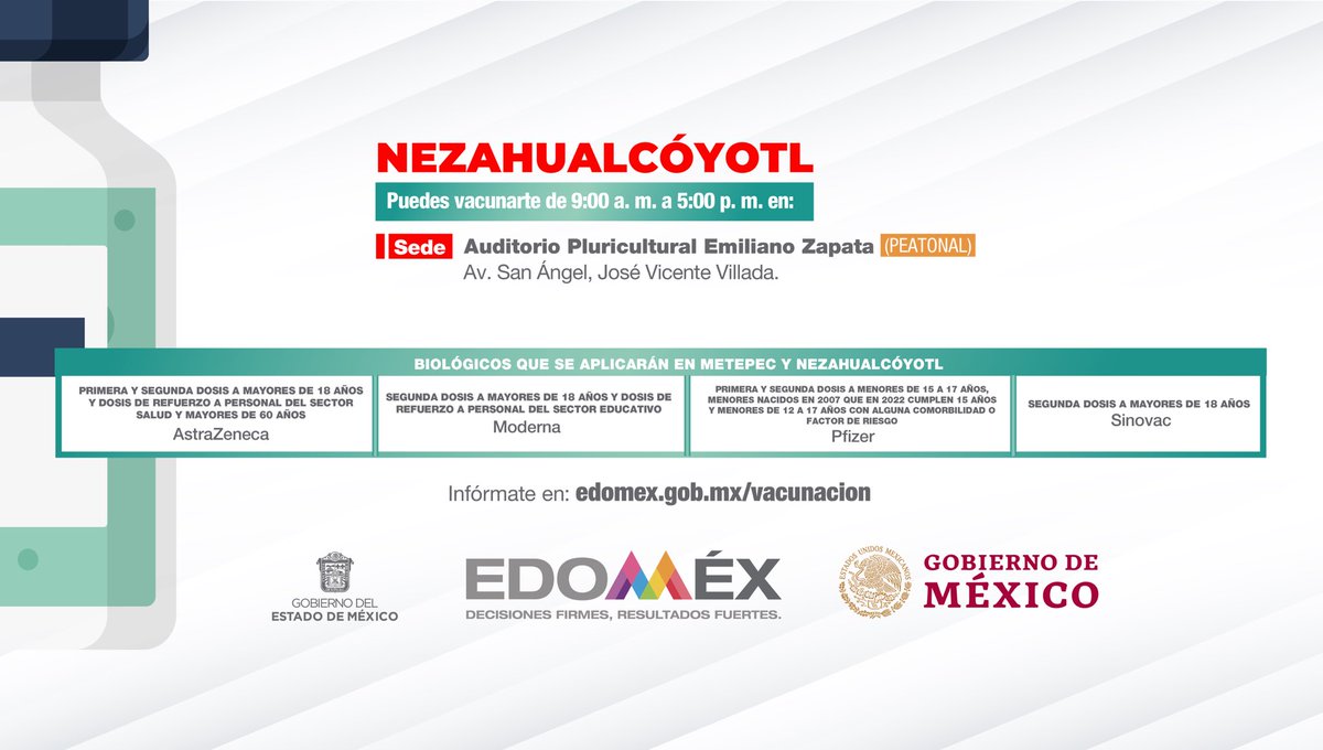 Del 17 al 21 de enero estaremos vacunando a personas rezagadas en #Metepec y #Nezahualcóyotl. #EstrategiaDeVacunación