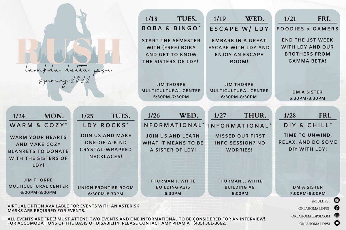 Are you ready to start the new semester? The sxsters of LDY are! Join us in our Spring 22’ rush events for two weeks of fun and empowerment 💖
