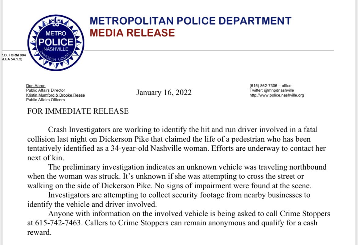 SeanForFive's tweet photo. Motorist killed a pedestrian on Dickerson last night and fled the scene. https://t.co/ESTvPsnpF4