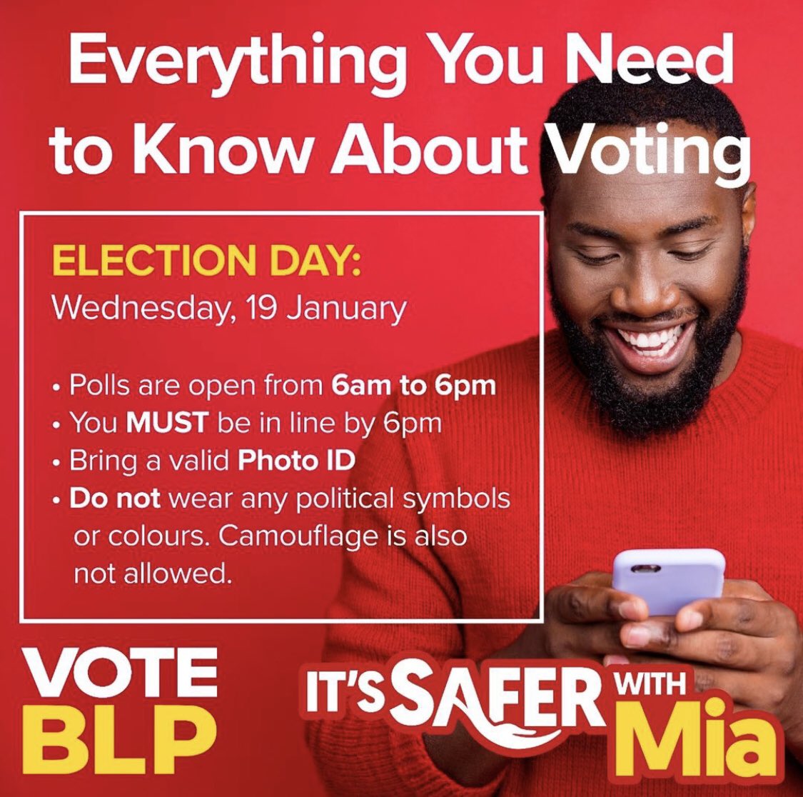 Are you ready for Wednesday, January 19, 2022? Send this to the voter in your life that needs more information about voting! VOTE BLP!

#VoteBLP #StayTheCourse #SaferWithMia #ReElectSandraHusbands #blpmanifesto2022

Download our Manifesto here - bit.ly/BLPManifesto20…