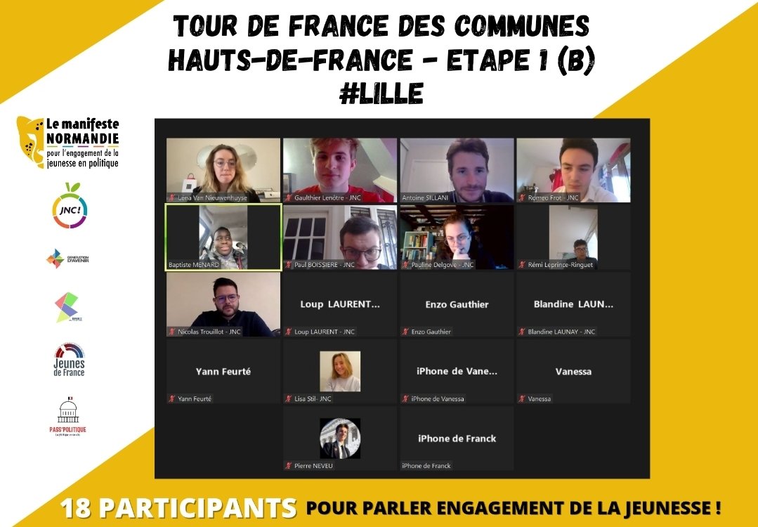 LJNConquerants's tweet photo. 🟡⚫ MANIFESTE NORMANDIE ⚫🟡

TDF DES COMMUNES ETAPE 1 : 💙💚HAUTS-DE-FRANCE 💚💙

🐆 Étape 1-B du Tour de France des communes en visio, en compagnie d’ @Antoine_Sillani conseiller régional et adjoint au maire de Croix et @BaptisteMenard, adjoint-Maire à Mons-en-Baroeul ! https://t.co/kc4S2D64Yn