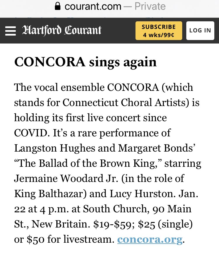 CONCORASings's tweet photo. It’s easy to miss this announcement published in The Hartford Courant, but don’t miss our Jan 22nd concert - even if you watch it by livestream! Www. https://t.co/h6vXb6lrrW https://t.co/rHInCEJkQS