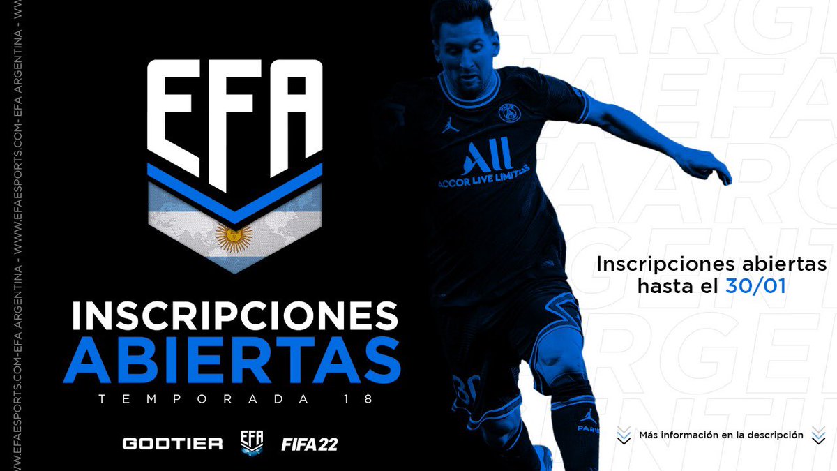 EFAargentina's tweet image. Inscripciones abiertas ! Nueva temporada 🏆 más premios 💵 Nuevas competencias de campeones !
Toda la info por md !

#TT #FIFA22 #eSports #Argentina