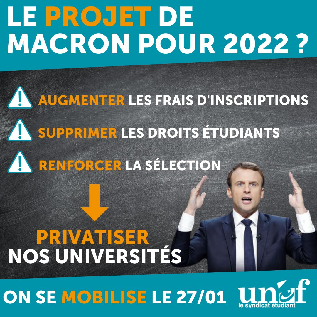 🔴 Renforcer les inégalités et la précarité étudiante, empêcher les plus pauvres d'accéder à l'université, accroître le nombre d'étudiant.e.s sans inscription et l'échec de masse... C'est ce que <a href="/EmmanuelMacron/">Emmanuel Macron</a> nous promet pour 2022. Face à ça, mobilisons-nous en urgence !