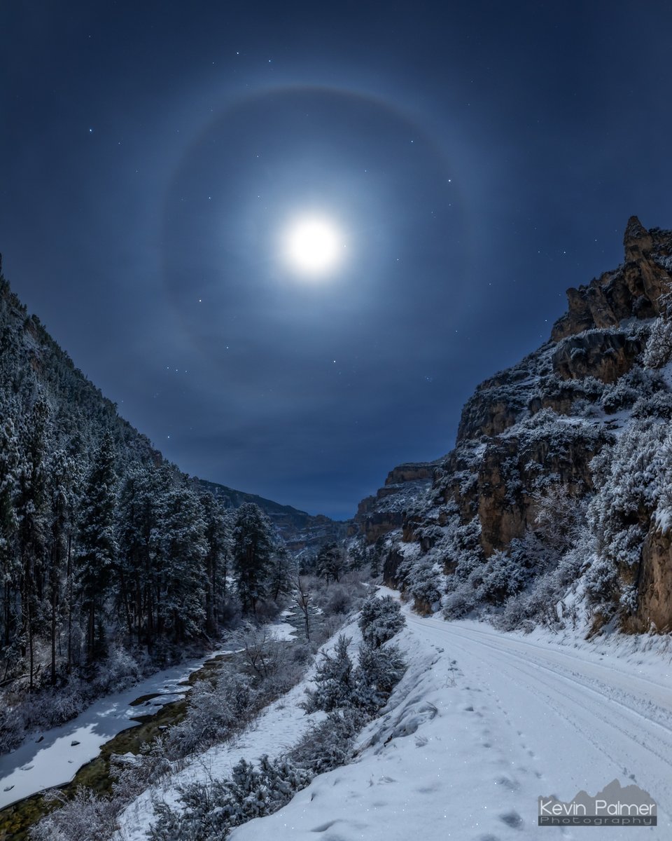 This 22° lunar halo appeared after a fresh snowfall over Tongue River Canyon, WY.