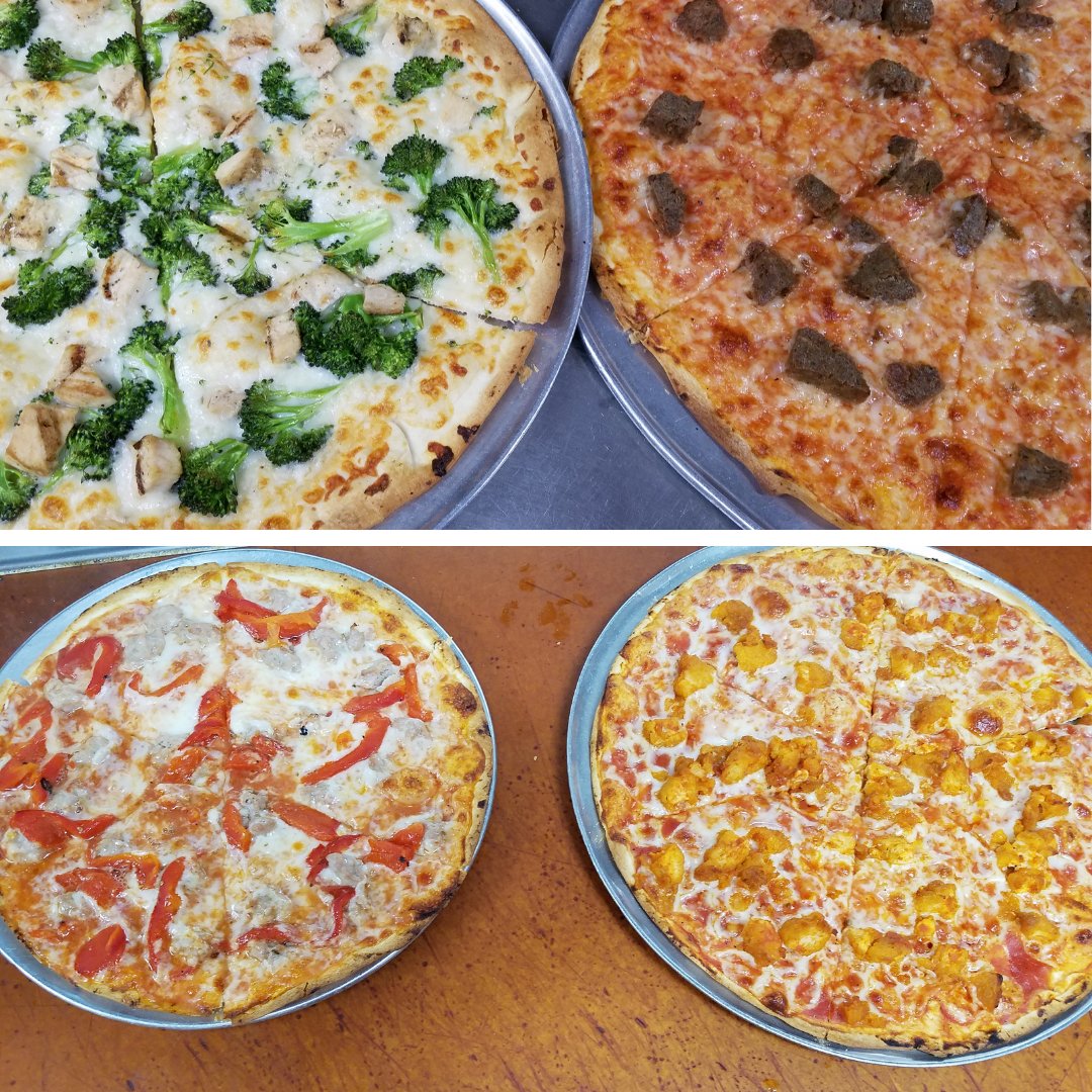 Which one are you grabbing a slice from? White pie with chicken & broccoli, meatball, roaste