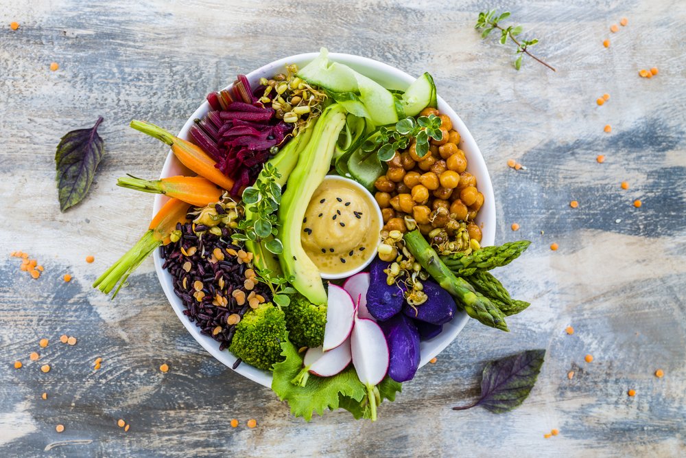 Nourish to Flourish! Load up a bowl with whole grains as a base then top with a variety of veggies and protein!