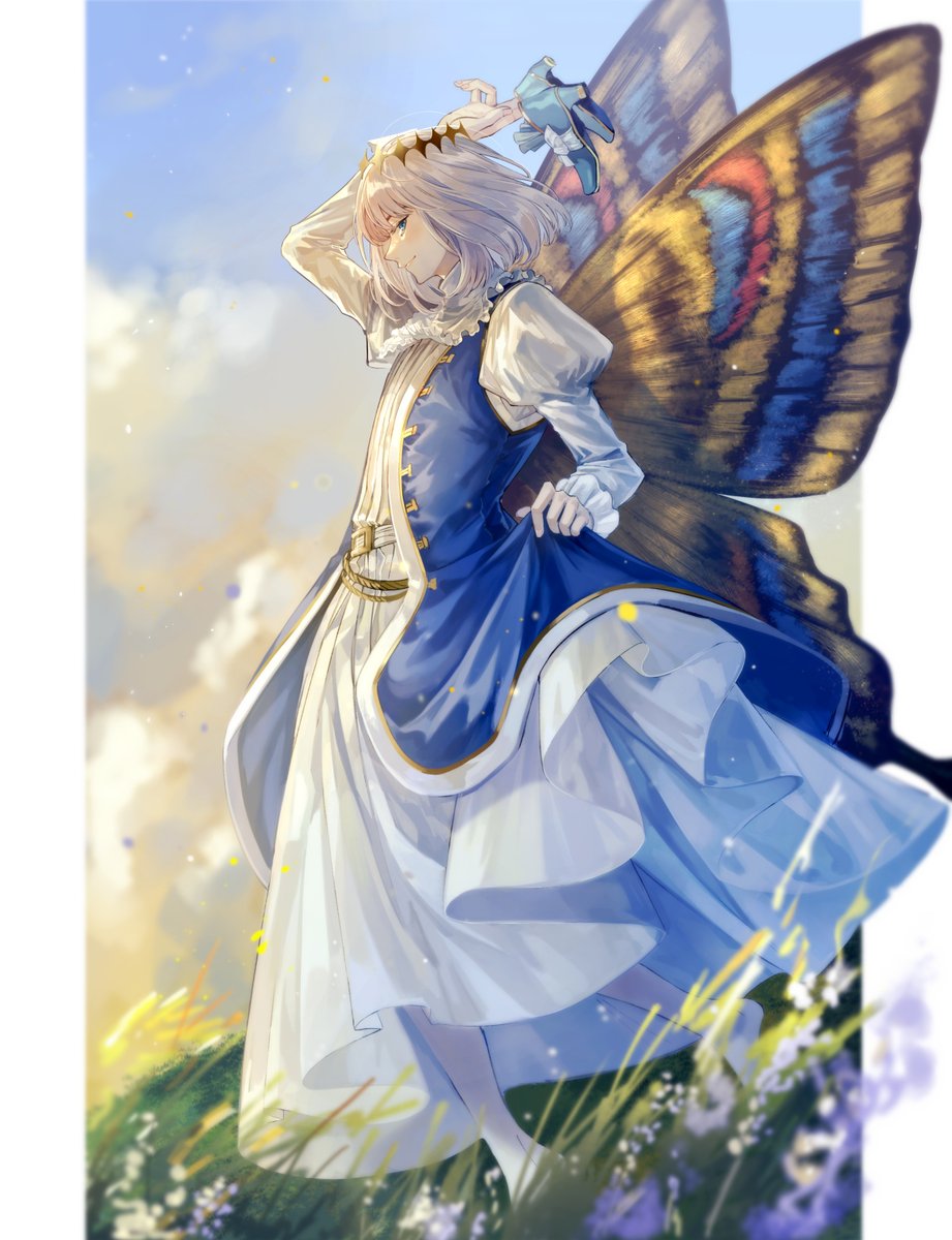 oberon (fate) butterfly wings wings male focus puffy sleeves juliet sleeves insect wings blue eyes  illustration images