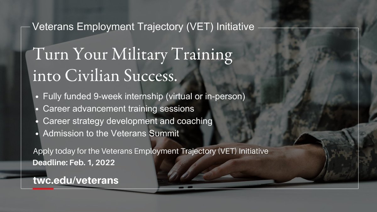 TWCInternships's tweet photo. VET Initiative is a fully funded 9-week summer internship and career coaching program to help U.S. military veterans in college (or just graduated) transition to a successful civilian career. https://t.co/e4cUABfGPg #studentveterans @studentvets #TWCvets #veterans https://t.co/TTcwgU5Jo4