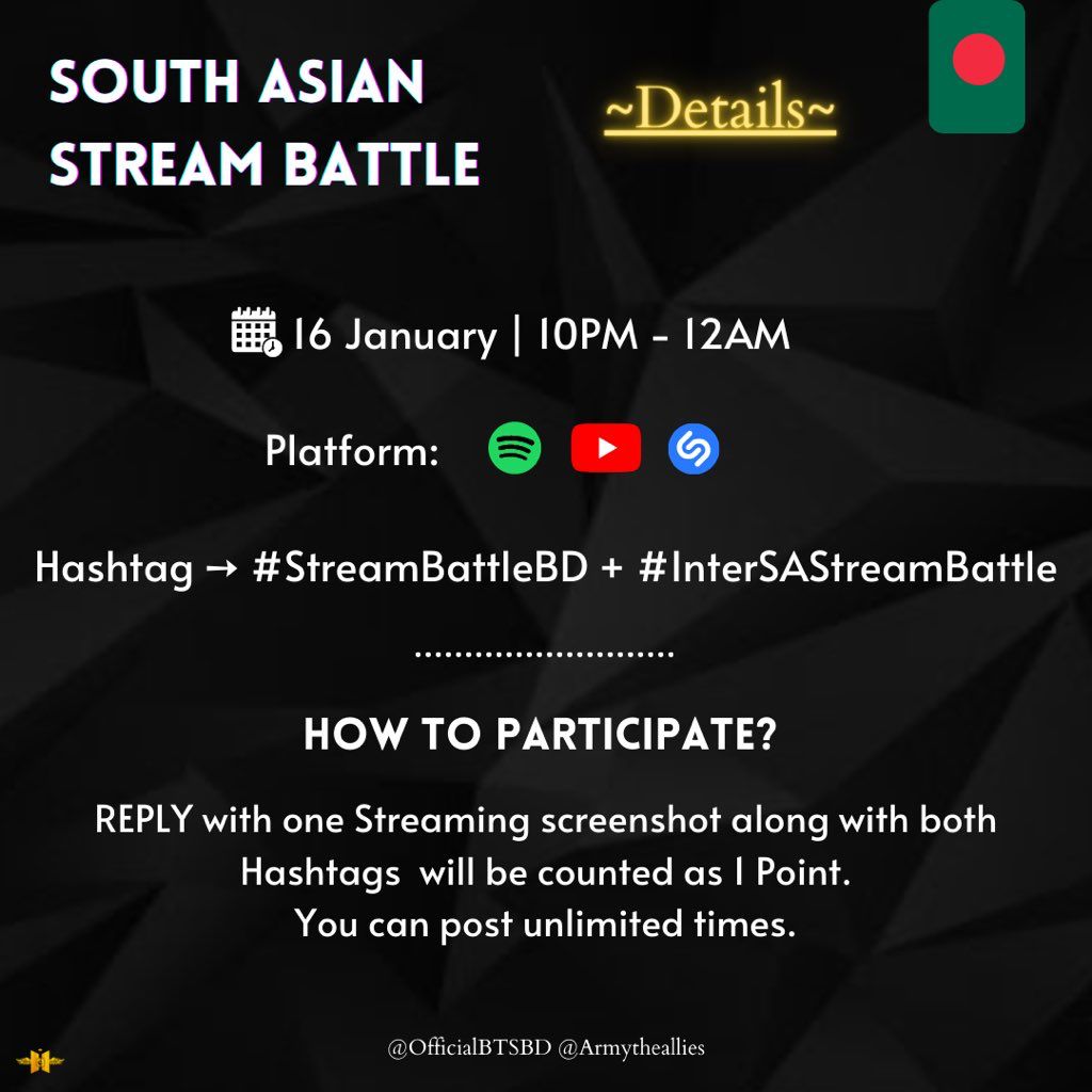 OfficialBTSBD's tweet photo. ⚔️ South Asian Stream Ballet⚔️
The streaming has started everyone! let’s stream on Spotify, YouTube + Shazam to win! Drop your ss under this tweet 💜
Use ➙ #StreamBattleBD #InterSAStreamBattle + @BTS_twt
Spotify Playlist 🔗
1. https://t.co/wJkO1985IF
++ https://t.co/vM0D7MOlFt