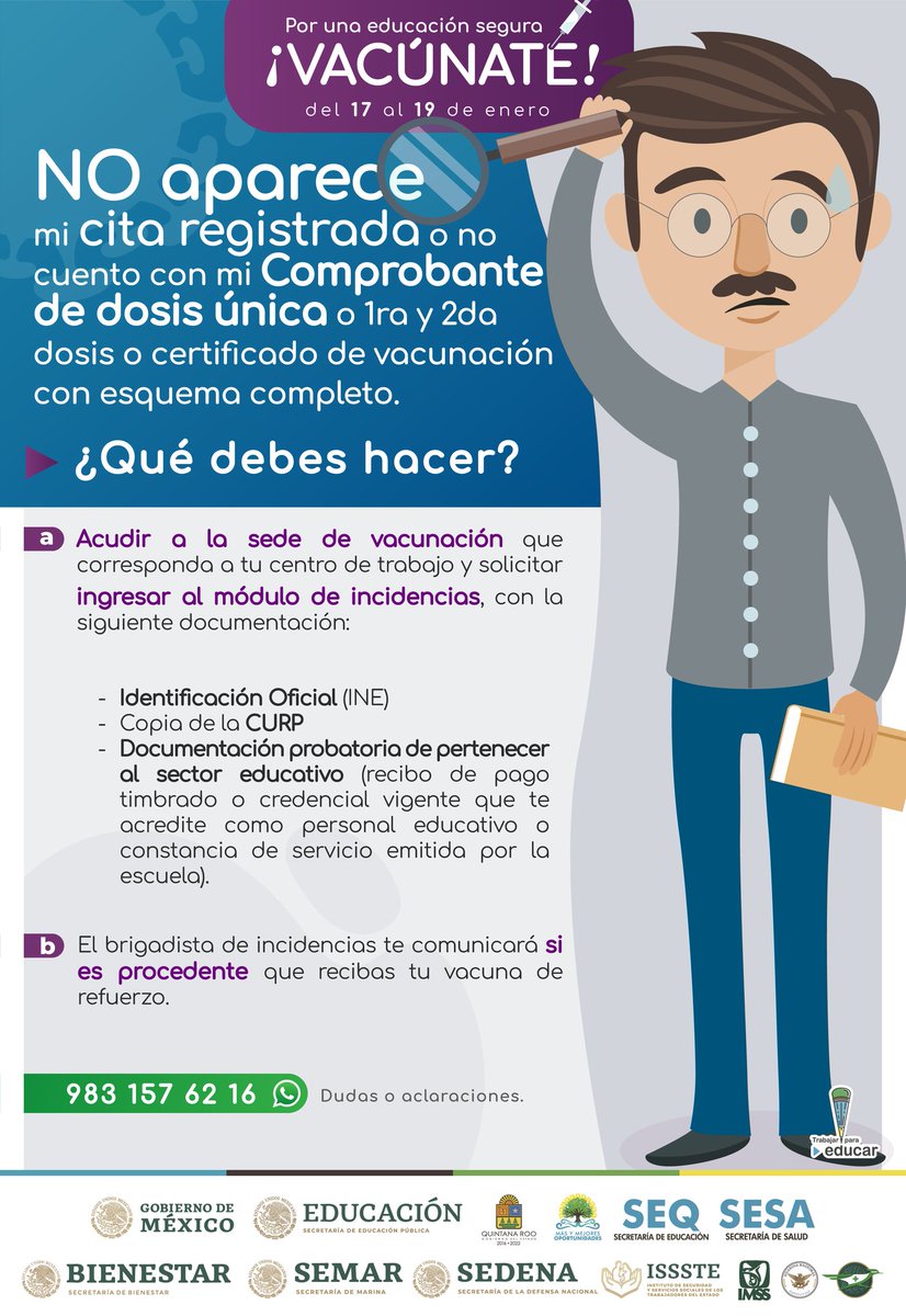 EducacionQR's tweet photo. 👩🏽‍🏫👨🏻‍🏫👩🏼‍💻Maestra, maestro y personal educativo: no te quedes sin confirmar tu cita para la vacunación de refuerzo contra el virus COVID-19. ¡CONFIRMAR AHORA! Tienes hasta el 16 de enero.

Entra a https://t.co/ytuEa48CHB e ingresa tu CURP para buscar tu cita. https://t.co/f3OTEHjras