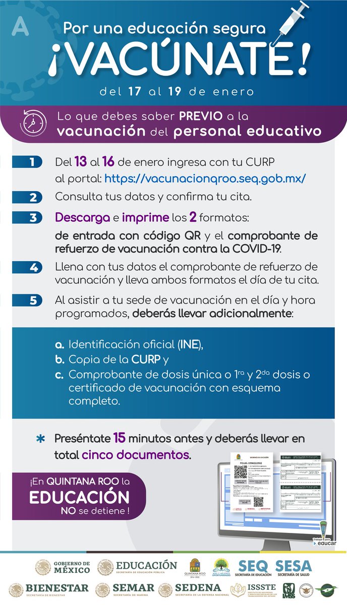 EducacionQR's tweet photo. 👩🏽‍🏫👨🏻‍🏫👩🏼‍💻Maestra, maestro y personal educativo: no te quedes sin confirmar tu cita para la vacunación de refuerzo contra el virus COVID-19. ¡CONFIRMAR AHORA! Tienes hasta el 16 de enero.

Entra a https://t.co/ytuEa48CHB e ingresa tu CURP para buscar tu cita. https://t.co/f3OTEHjras
