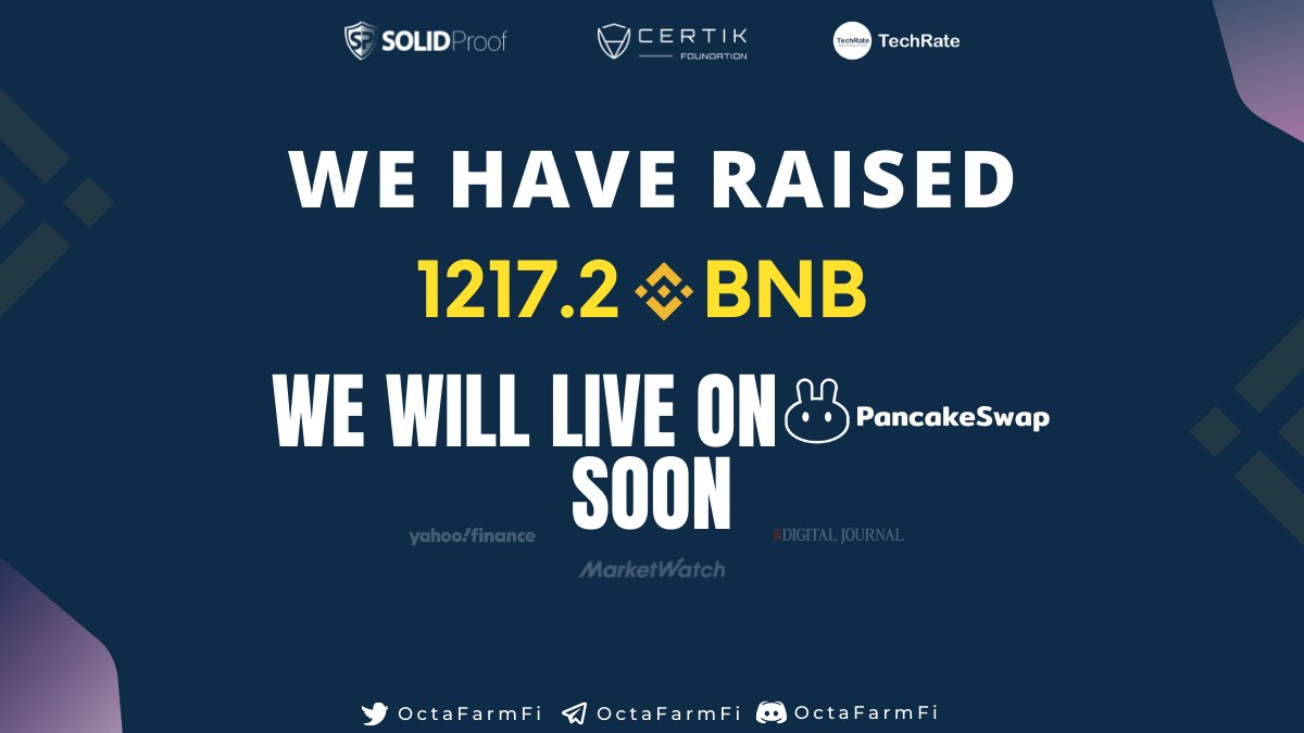 Congratulation community,
we have successfully concluded pre-sale at “1217 BNB” 
Our team is working on Development and marketing. We will soon share very interesting news with all of you in a while.
OCTF will be list on PanCakeSwap @ “17th January, 6PM UTC”.
#octafarm #BNB #bsc