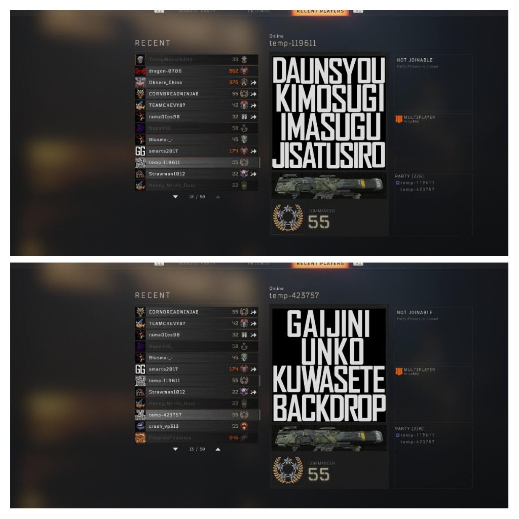 Beeradmeiser's tweet photo. @AskPlayStation is there anything you guys can do about trigger stringers? I literally have 48hrs combined recorded of these 2 trigger stringing in Bo4 over the last 8 months. Reported on console and in game but PSN safety says no violations. https://t.co/BKAbCkM5EN https://t.co/5HmY8GaIXG