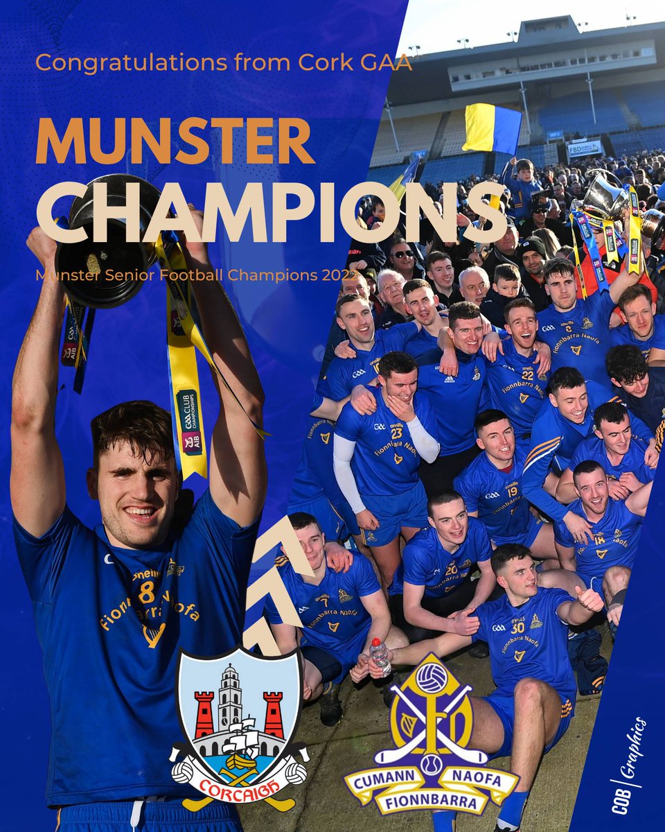 OfficialCorkGAA's tweet photo. Congratulations @the_Barrs on winning @MunsterGAA Club SFC Final. 
Munster Club Champions

 #munsterchampions #onecork #wearecork https://t.co/aR1lb2Koch