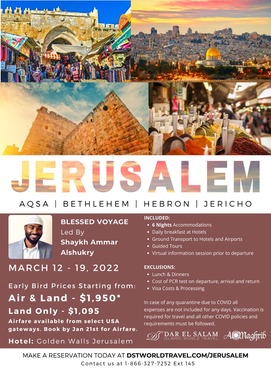 DSTWorldTravel's tweet photo. Join DST and AlMaghrib Institute to fulfill that dream of visiting the blessed land of #Jerusalem and praying in Masjid Al-Aqsa, led by Shaykh Ammar AlShukry 
March 12 - 19, 2022
Starting from $1950 Air &amp; Land
***BOOK NOW***
https://t.co/FM1b3owBt9
#DST #Jerusalem #Muslim #AlAqsa https://t.co/xeMwGvbDM9