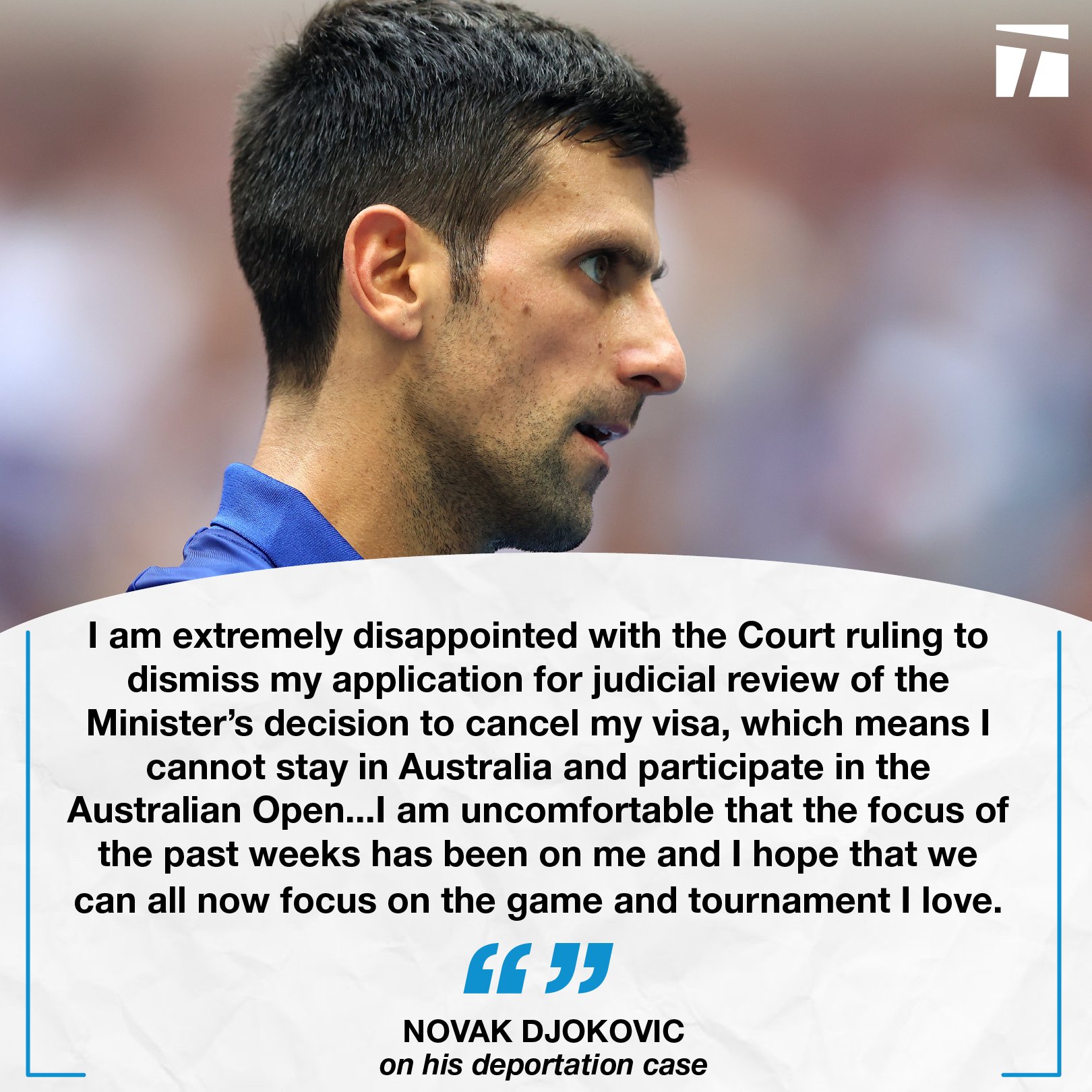Tennis Channel on Twitter: "ICYMI The nine-time #AusOpen champ Novak  Djokovic won't be able to play for a men's record 21st major after a  Federal Court unanimously dismissed his appeal. https://t.co/s7UTOhzUXw" /