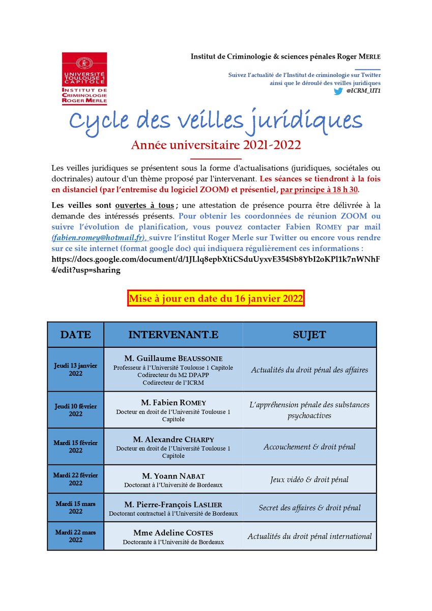 DarthCriminalis's tweet image. [VEILLES JURIDIQUES @ICRM_UT1]
MISE A JOUR DU PROGRAMME DES VEILLES. 
▶️Titres de deux interventions modifiés
▶️Création d&apos;un lien de communication des références Zoom
▶️Ajout d&apos;une nouvelle intervention
@DesPenal @M2dpappUT1