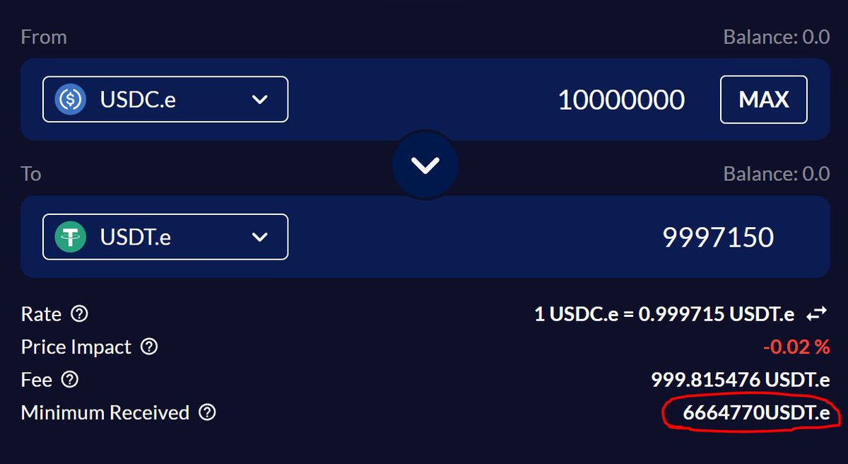 MagicCMan_'s tweet photo. @crypto_condom @_10delta_ @CurveFinance @Platypusdefi @UnlimitedPowaa I don't see how it is misleading. The minimum includes the slippage tolerance where Curve doesn't show this number... Look what I can do changing slippage tolerance. https://t.co/r0RO0W2yzg
