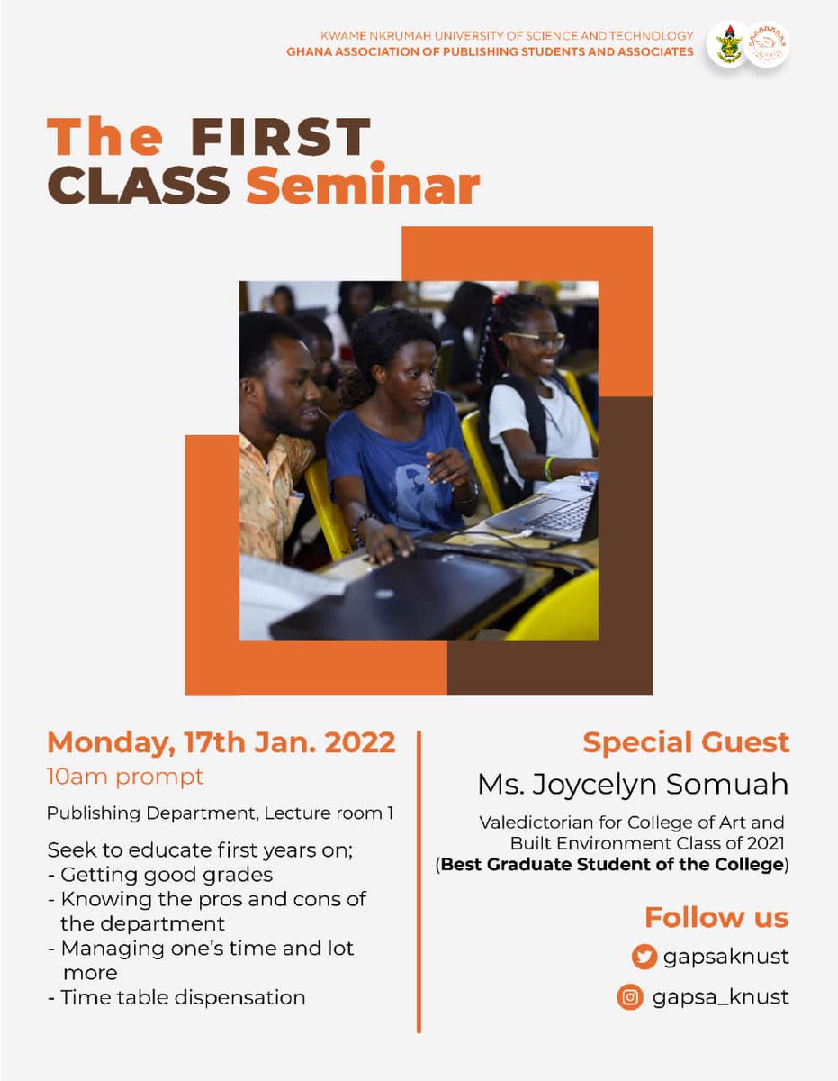 📚📚📚📚📚📚📚📚📚📚📚
"The First Class Seminar".
➖➖➖➖➖➖➖➖➖➖➖➖➖
This communique is to inform all First Year students of the Department of Publishing Studies about *"The First Class Seminar"*