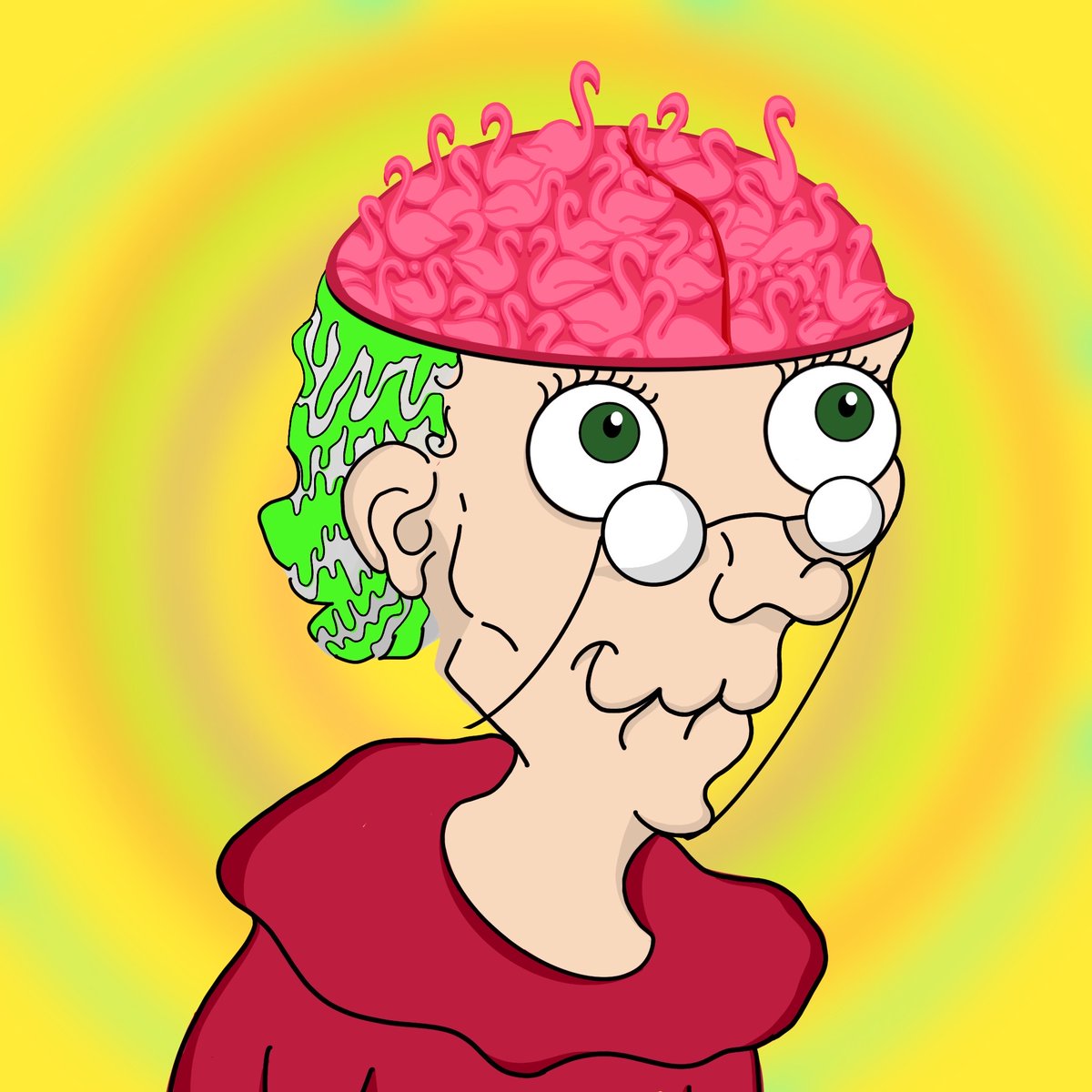 The talks are just starting at the table when XXX Granny shows up with flamingos all over her head. Having an elegant green hair colour touched with a bit of grey ,helping with the Uniqueness Index .Just joining in with the the other Grannies, delivering all of them greetings.