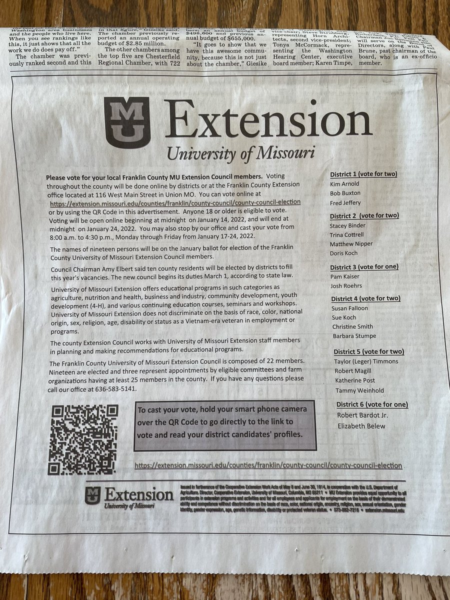 agronomymatt's tweet photo. University of Missouri Extension County Council elections are held in January.  The Franklin County Extension Council election information was in this week’s Washington Missourian.  Missouri residents are encouraged to participate in local elections. https://t.co/GoTD8wEn3o