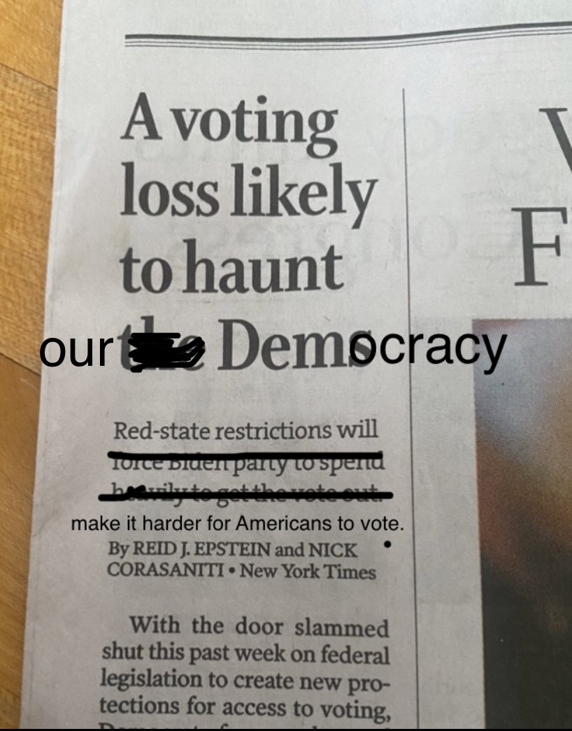 emmagreenman's tweet photo. Attn: @nytimes @StarTribune. 
I fixed your headline and implore you to stop covering the attacks on voters and our democracy as a partisan horse race. 
PROTECTING THE FREEDOM TO VOTE IS NOT A PARTISAN ISSUE, IT IS AN AMERICAN ONE.
#FreedomToVote https://t.co/UtTSct9t1t