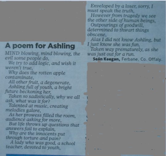 looprevil05's tweet image. I had my poem as a tribute to Ashling Murphy published in todays Irish Mail On Sunday. May she R.I.P.