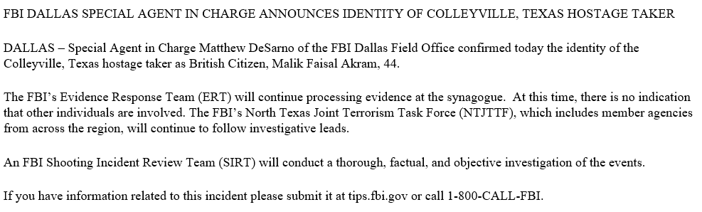 WilliamJoy's tweet photo. BREAKING: FBI identifies the hostage taker at Congregation Beth Israel in Colleyville as 44-year-old Malik Faisal Akram, a British citizen. 
(@wfaa) https://t.co/Md6sCpaN7u