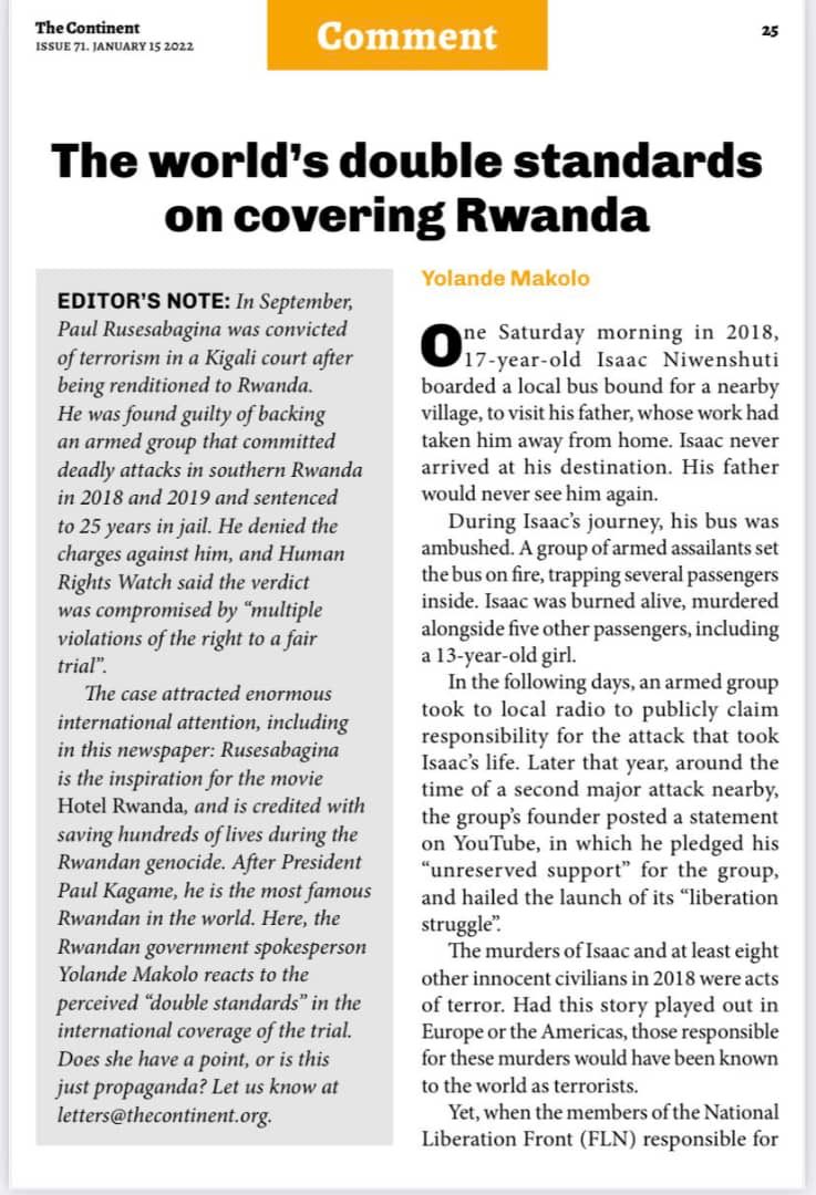 ehategeka's tweet photo. The World’s double standards on covering 🇷🇼 👉🏽”fiction was privileged over reality. A Hollywood script…was sufficient to exonerate him in the court of public opinion. In the real world however, #Rusesabagina’s involvement with terrorism was beyond doubt” ⁦@YolandeMakolo⁩👌🏾 https://t.co/Y7a8IcNEtW