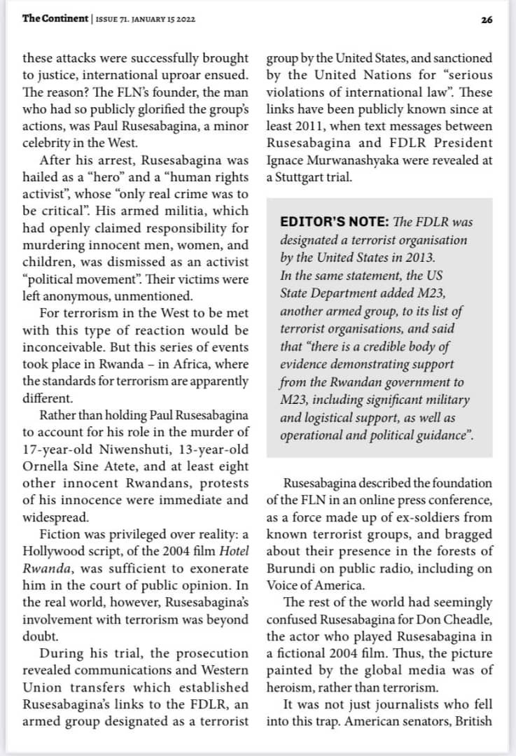 ehategeka's tweet photo. The World’s double standards on covering 🇷🇼 👉🏽”fiction was privileged over reality. A Hollywood script…was sufficient to exonerate him in the court of public opinion. In the real world however, #Rusesabagina’s involvement with terrorism was beyond doubt” ⁦@YolandeMakolo⁩👌🏾 https://t.co/Y7a8IcNEtW