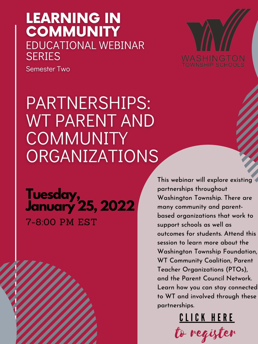 On 1/25 from 7-8pm the district is hosting a Webinar on Partnerships w/ Wash Twnshp Parents &amp; Community Orgs.  This is a great oppty to learn more about ways to support efforts that provide a positive impact on our students + families. Register here: bit.ly/3qrJSef