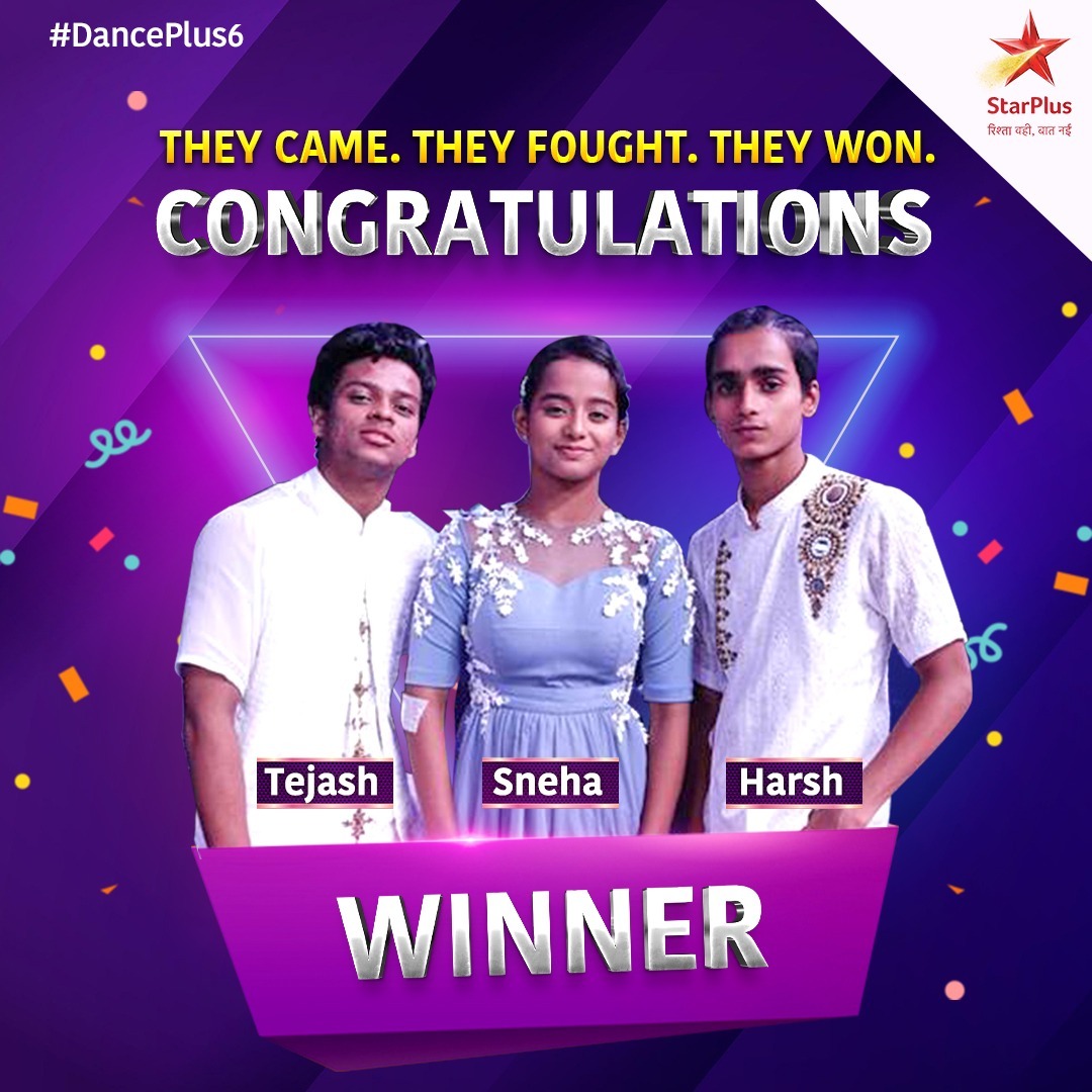 StarPlus's tweet photo. Haar ko jeet mein badal kar, Harsh, Sneha aur Tejash bane hain #DancePlus6 ke winners! Congratulations on your glorious victory. https://t.co/ZL39oU5psF