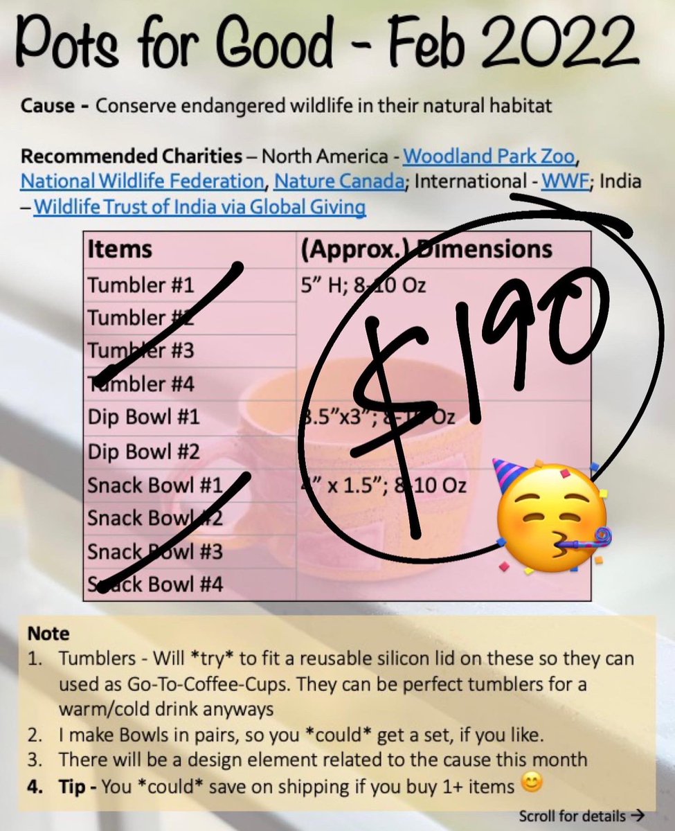 ScarletOhHara's tweet photo. Pots for Good is something I started in 2022 - selling a few of my pots with 100% proceeds going to charity. Once a month, I pick a cause, research a few charities and announce what am making.
We raised $190 for @WWF @NWF @woodlandparkzoo this month! 🥳 https://t.co/RmGrK5U8la