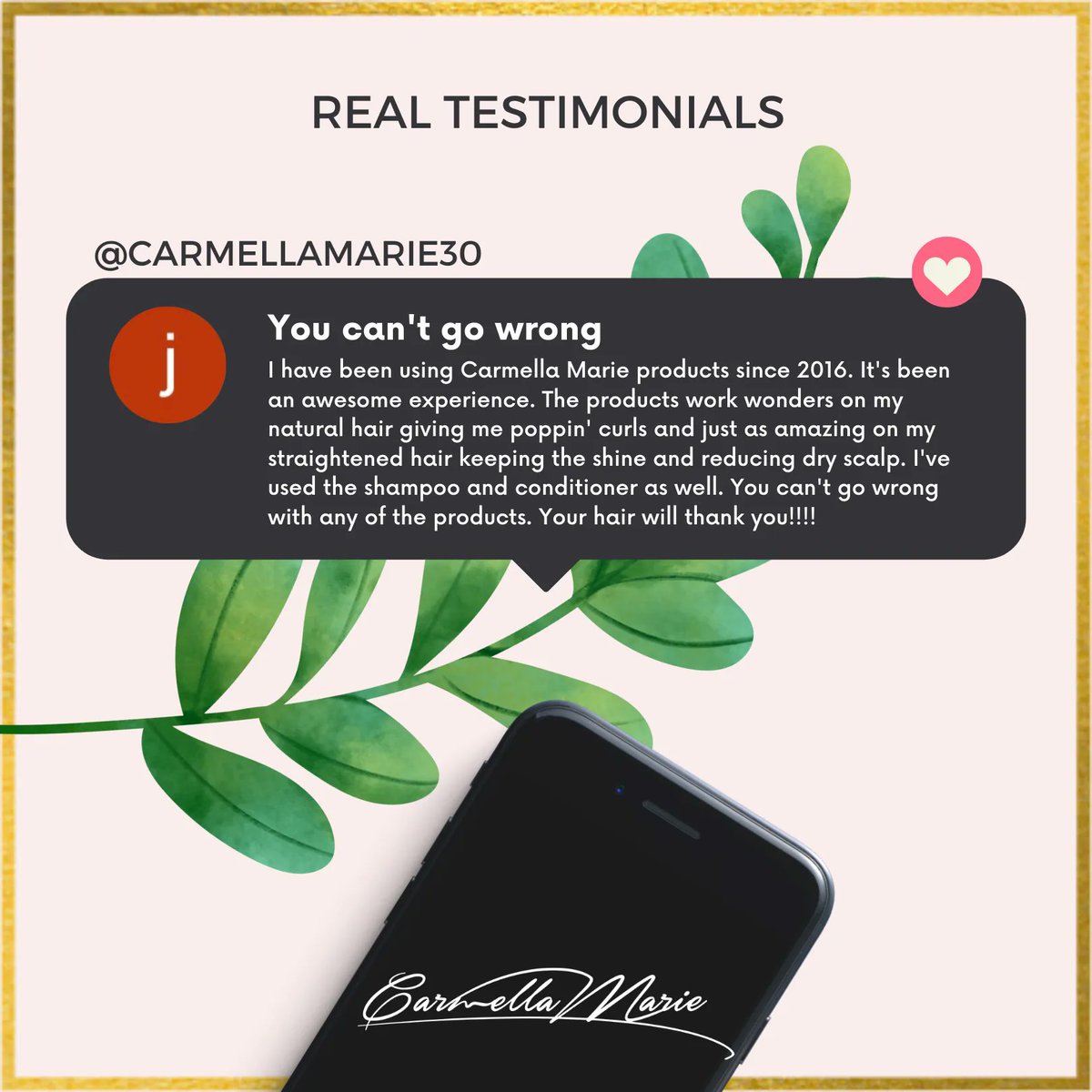 "CurlFriend, you can't go wrong!" Thank you so much for sharing your experience using Carmella Marie on Google! It means a lot to our entire team! 
#curlfriend #googlereview #teamnatural #haircare #carmellamarie #crownfocused #cantgowrong #musthave #indiebrand