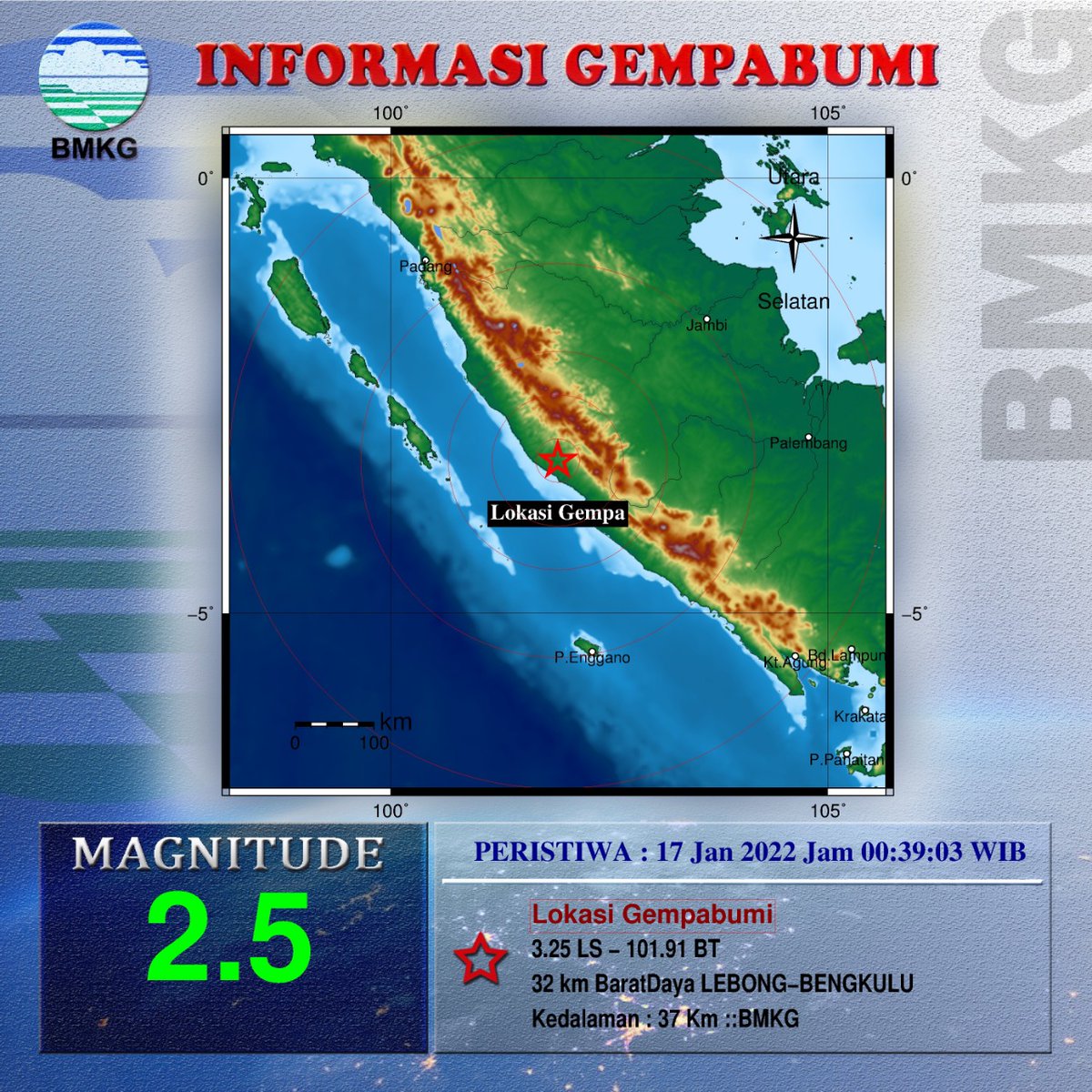 bmkgwilayah2's tweet photo. Info Gempa Mag:2.5, 17-Jan-22 00:39:03 WIB, Lok:3.25 LS - 101.91 BT (32 km BaratDaya LEBONG-BENGKULU), Kedlmn: 37 Km ::BMKG https://t.co/8PXXtccQJg